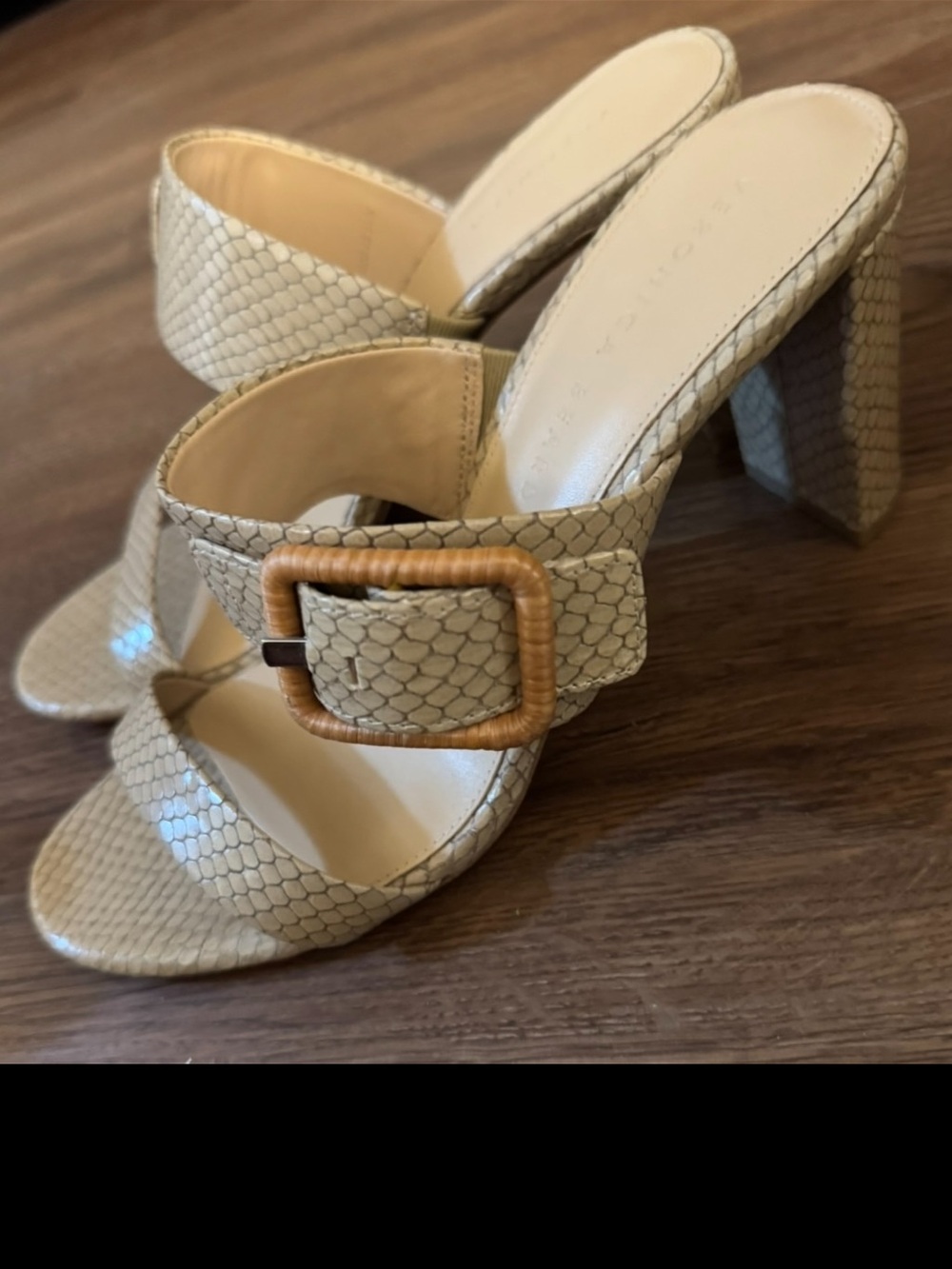 Veronica Beard Neutral Textured Block Heel Slide with Buckle
